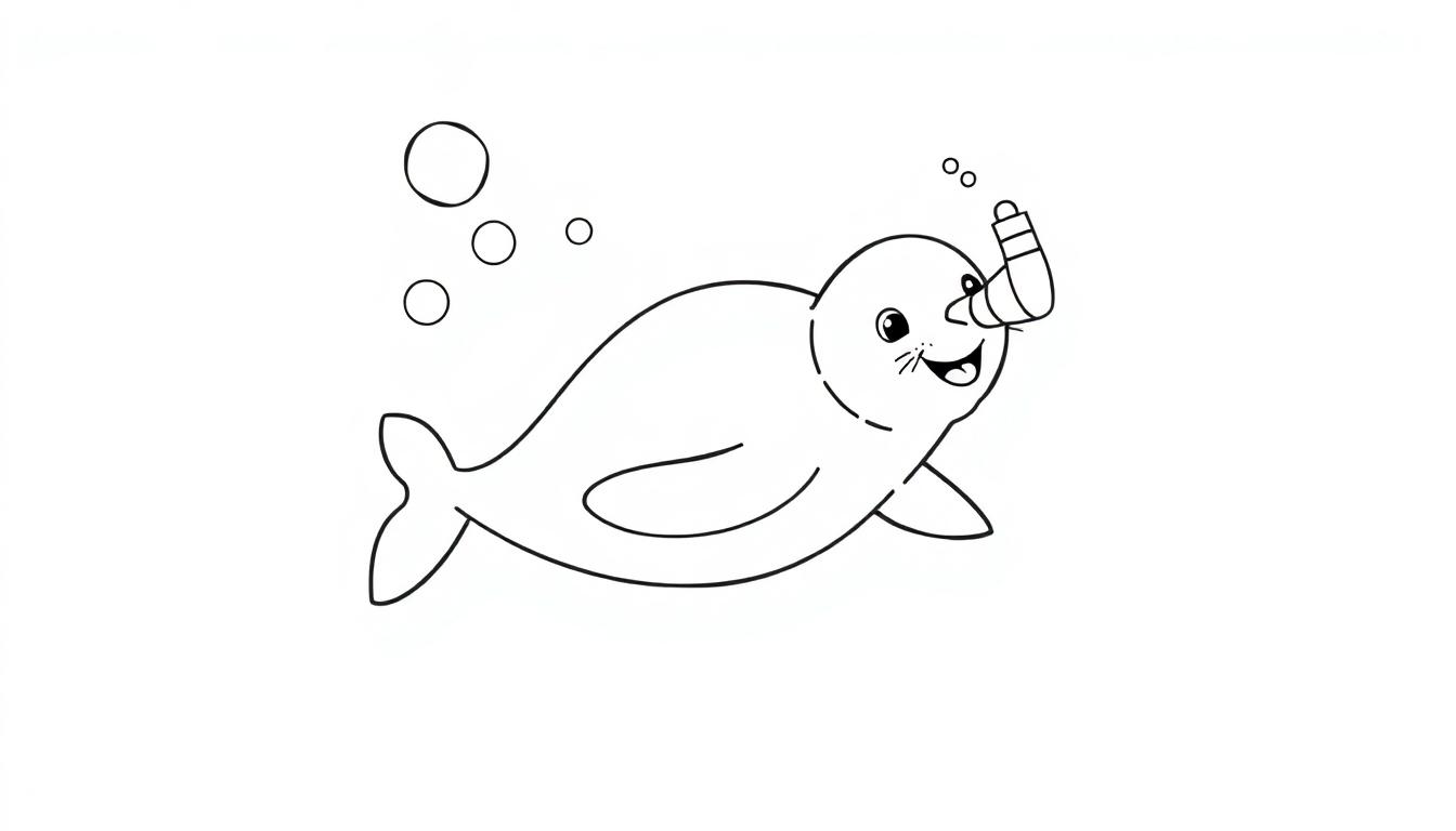 Leuke kleurplaat van een blije zeehond met een snorkel en luchtbelletjes.