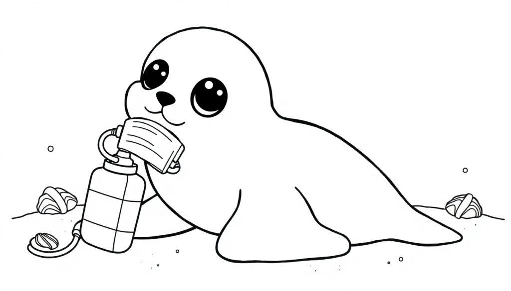 Kleurplaat van een zeehond met een gezichtsmasker en een zuurstoftank op het strand met schelpen.