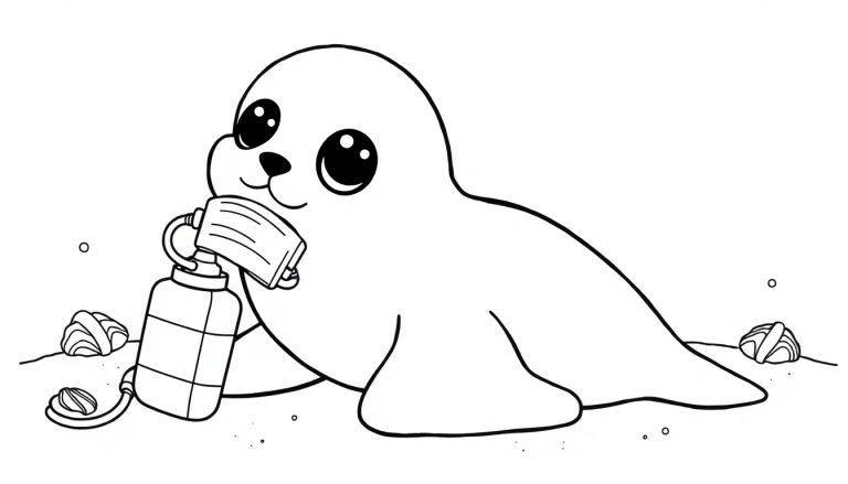 Kleurplaat van een zeehond met een gezichtsmasker en een zuurstoftank op het strand met schelpen.