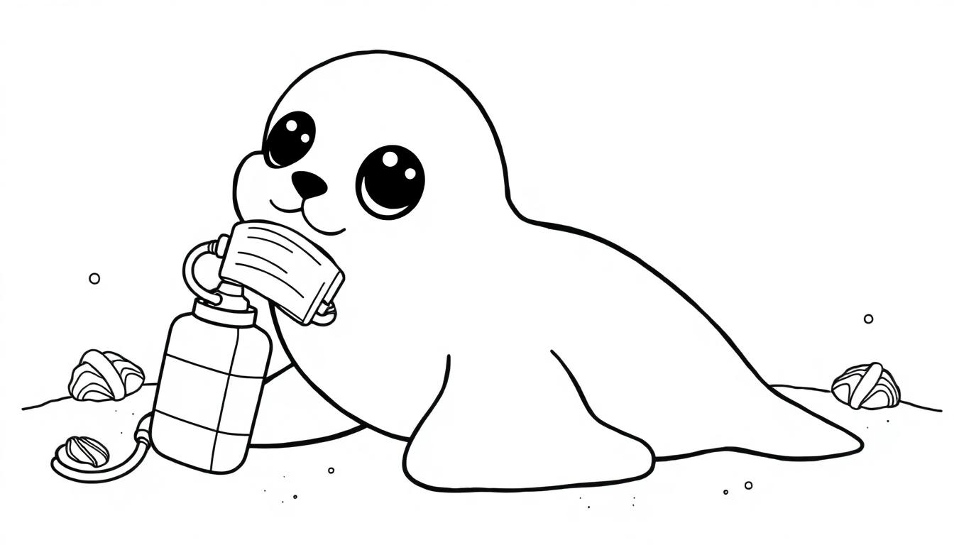 Kleurplaat van een zeehond met een gezichtsmasker en een zuurstoftank op het strand met schelpen.