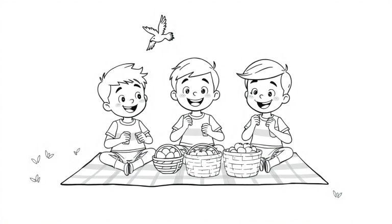 Kleurplaat van drie blije kinderen op een picknickkleed met gevulde manden en een vogel in de lucht.