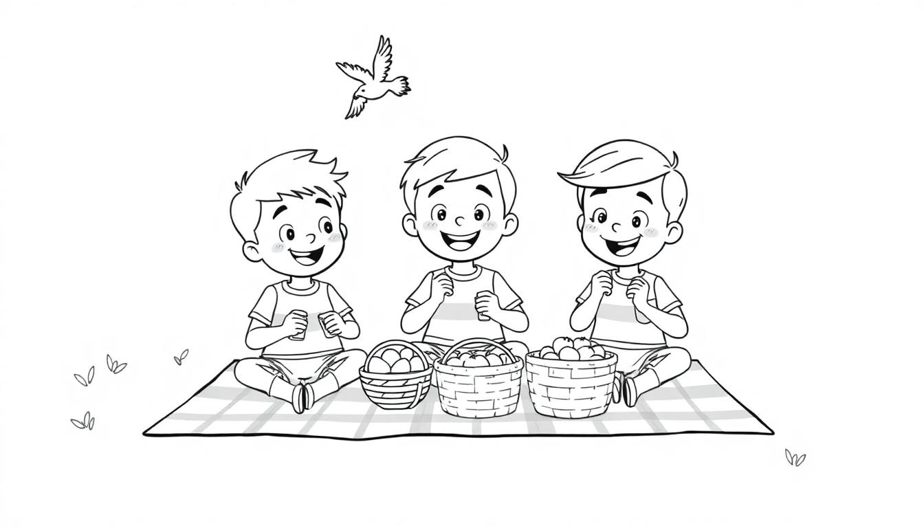 Kleurplaat van drie blije kinderen op een picknickkleed met gevulde manden en een vogel in de lucht.