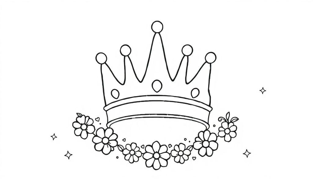 Een minimalistische kleurplaat van een kroon met ronde punten, bloemenversiering en kleine sterretjes en hartjes op de achtergrond.