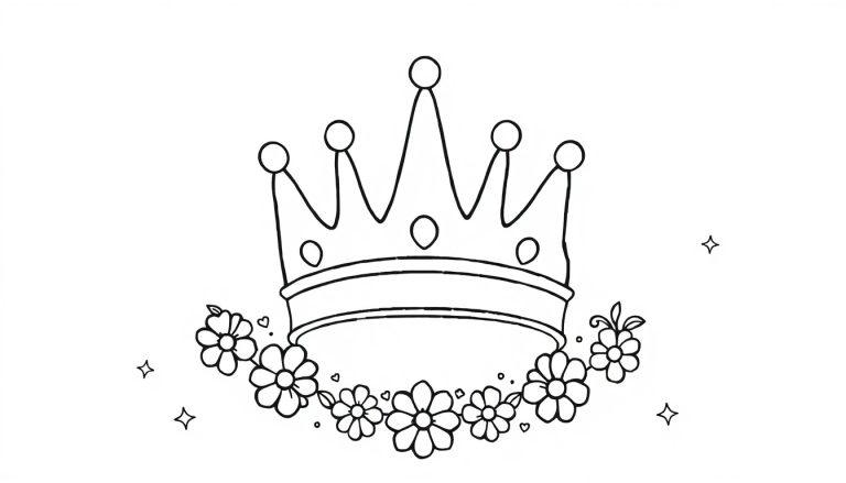 Een minimalistische kleurplaat van een kroon met ronde punten, bloemenversiering en kleine sterretjes en hartjes op de achtergrond.