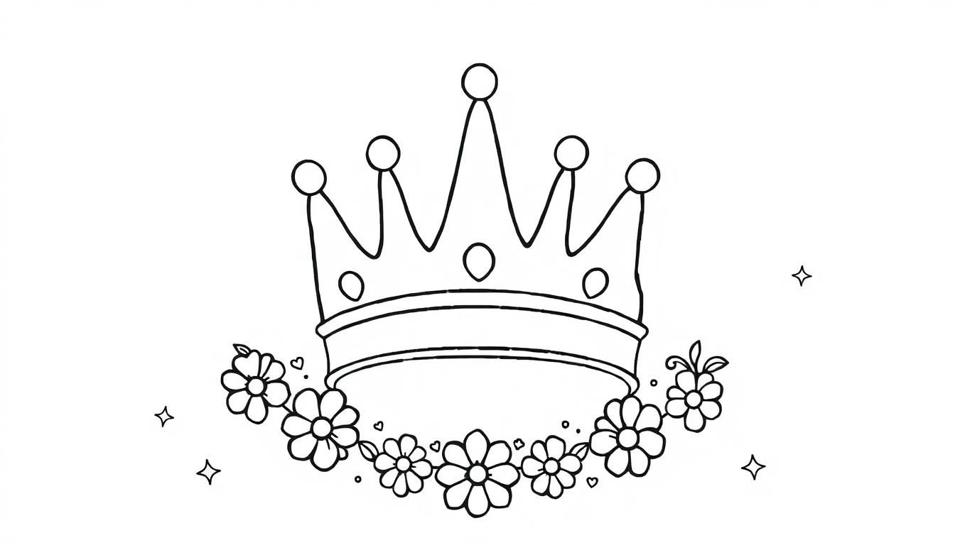 Een minimalistische kleurplaat van een kroon met ronde punten, bloemenversiering en kleine sterretjes en hartjes op de achtergrond.