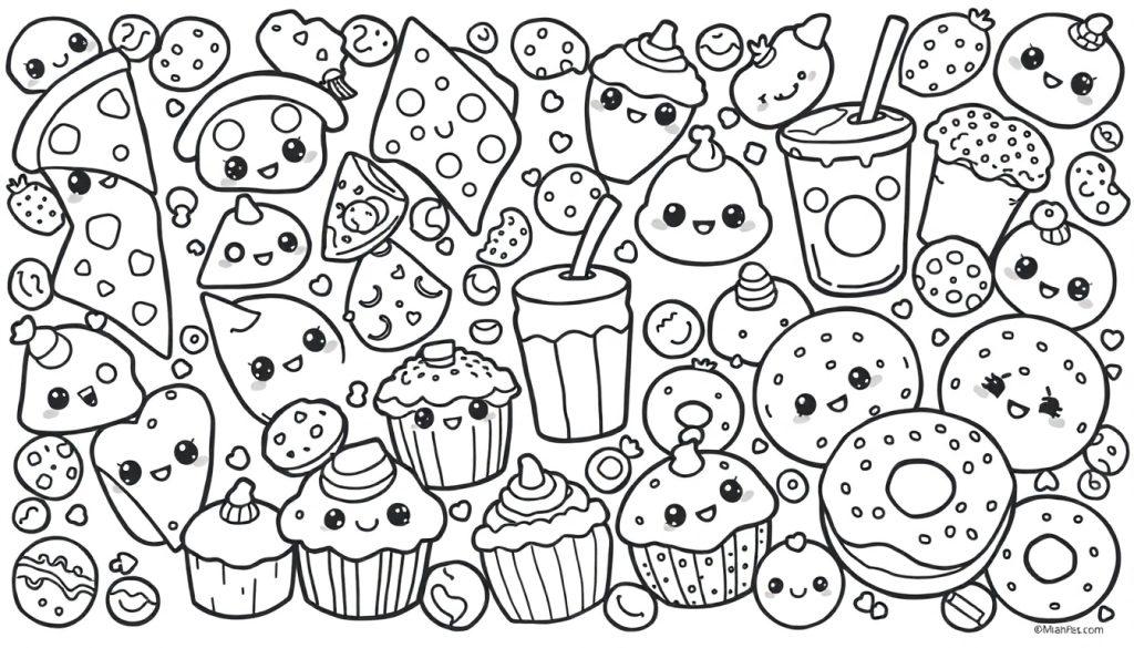 Een vrolijke kleurplaat vol met lachende eten-figuurtjes, zoals pizza, cupcakes, donuts en kaasplakken met gezichtjes.