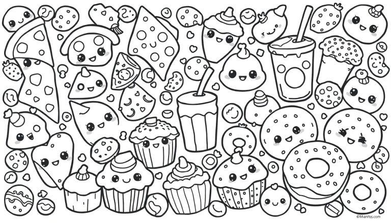 Een vrolijke kleurplaat vol met lachende eten-figuurtjes, zoals pizza, cupcakes, donuts en kaasplakken met gezichtjes.