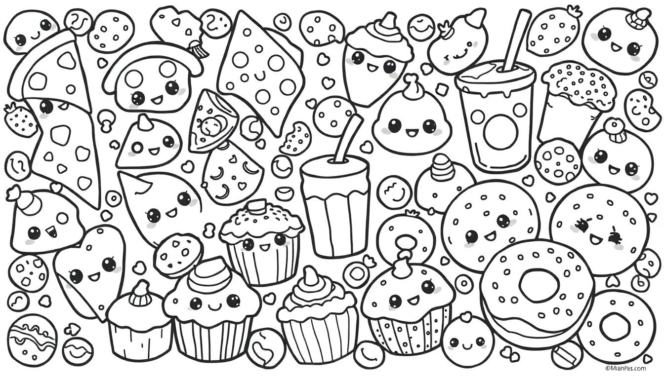 Een vrolijke kleurplaat vol met lachende eten-figuurtjes, zoals pizza, cupcakes, donuts en kaasplakken met gezichtjes.