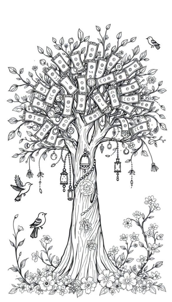 Kleurplaat van een fantasieboom met geld, sieraden en bloemen, perfect voor kinderen om in te kleuren.