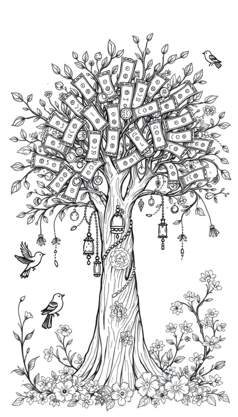 Kleurplaat van een fantasieboom met geld, sieraden en bloemen, perfect voor kinderen om in te kleuren.