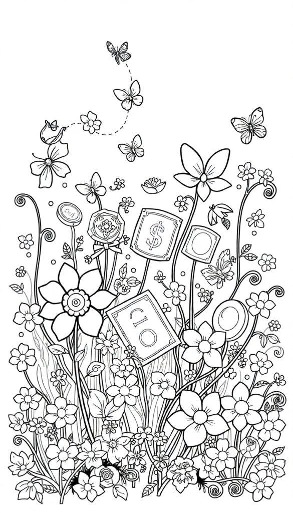 Een gedetailleerde kleurplaat met bloemen, vlinders en geldsymbolen, klaar om in te kleuren.