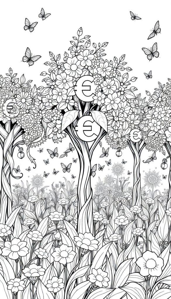 Een fantasierijke kleurplaat met bloemen, bomen en eurotekens in de kruinen, samen met vlinders die rondvliegen tussen de natuur.