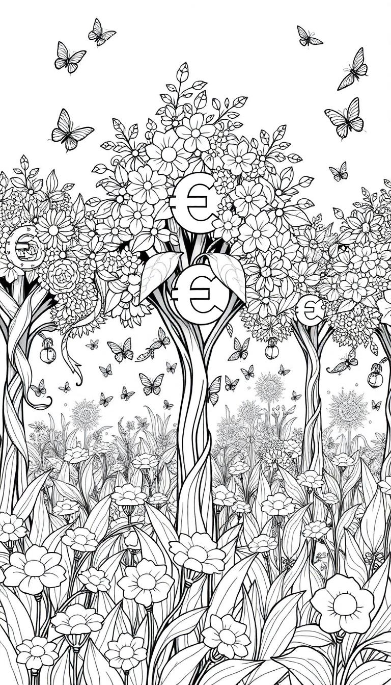 Een fantasierijke kleurplaat met bloemen, bomen en eurotekens in de kruinen, samen met vlinders die rondvliegen tussen de natuur.