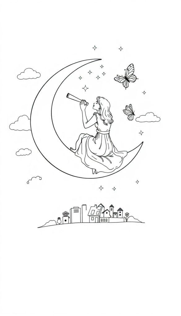Kleurplaat van een meisje op een maansikkel, kijkend door een telescoop naar sterren en vlinders, met huizen en bomen eronder.