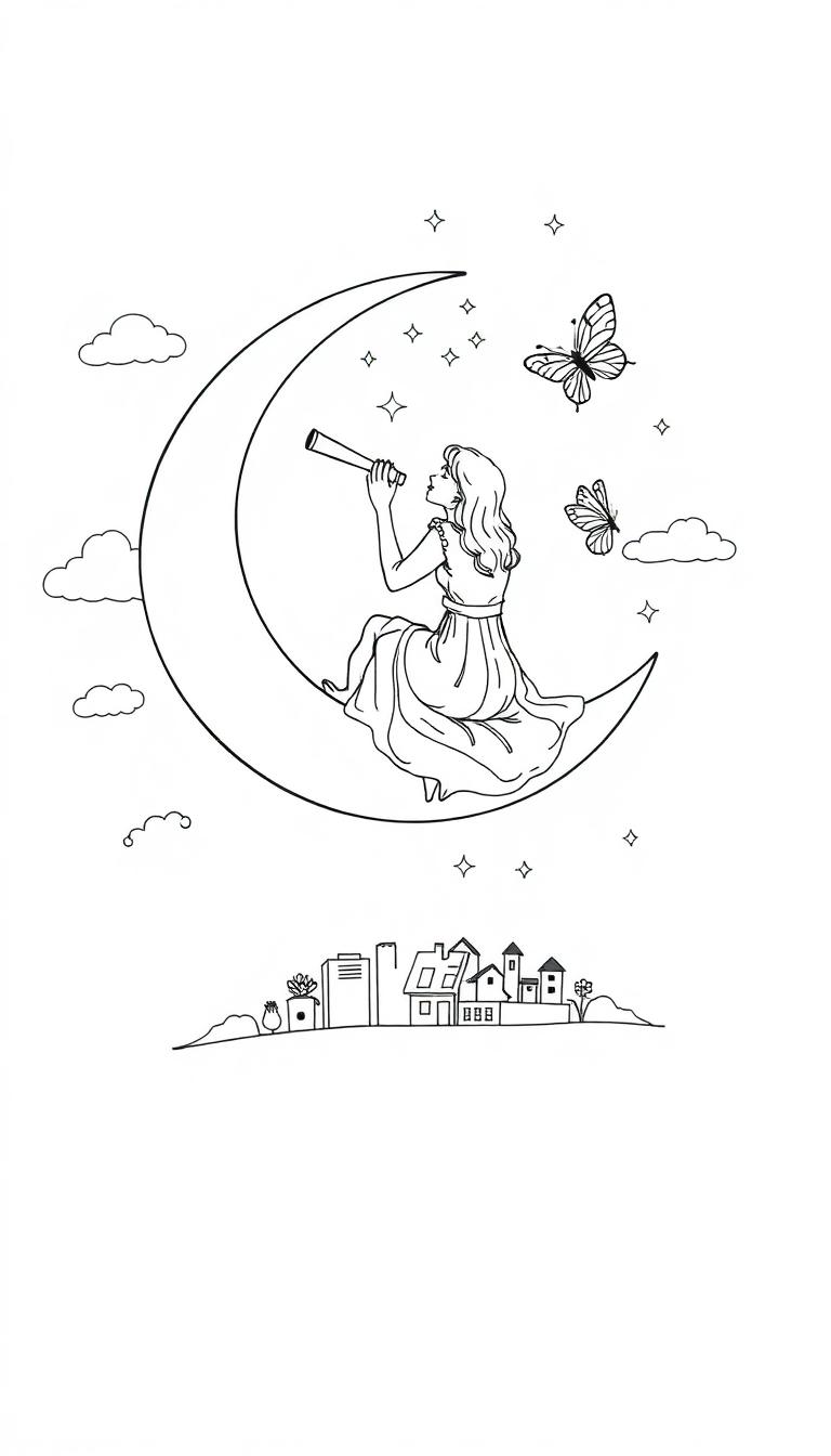 Kleurplaat van een meisje op een maansikkel, kijkend door een telescoop naar sterren en vlinders, met huizen en bomen eronder.