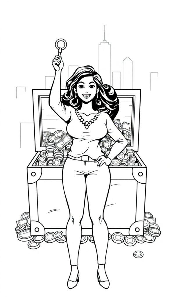 Kleurplaat van een vrouw die triomfantelijk een sleutel omhooghoudt bij een open schatkist vol munten en papiergeld, met een stad op de achtergrond.