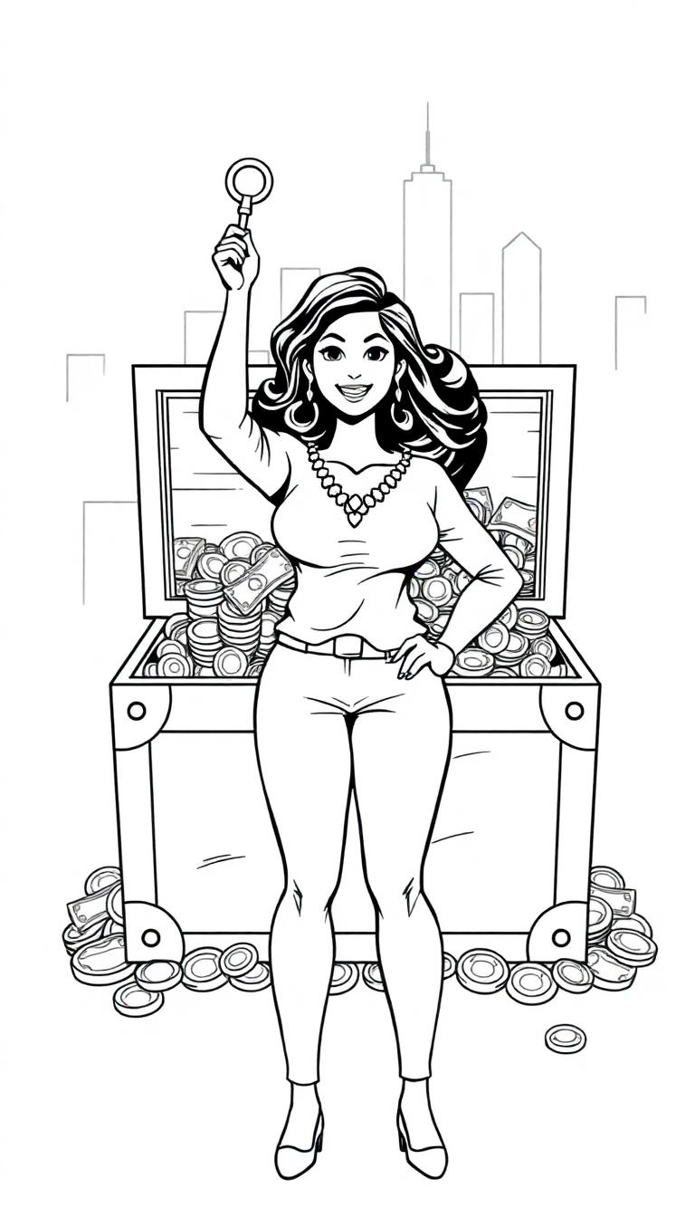 Kleurplaat van een vrouw die triomfantelijk een sleutel omhooghoudt bij een open schatkist vol munten en papiergeld, met een stad op de achtergrond.