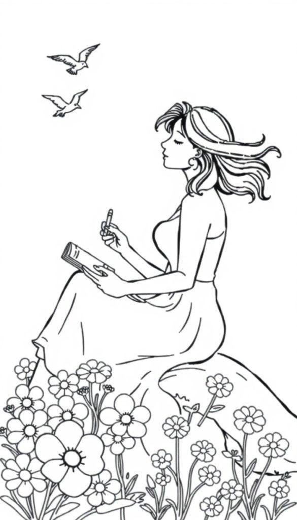 Kleurplaat van een vrouw die droomt op een rots, omringd door bloemen met een boek in haar handen.