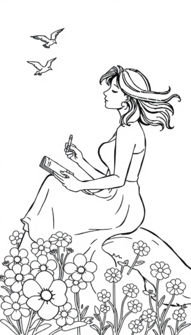 Kleurplaat van een vrouw die droomt op een rots, omringd door bloemen met een boek in haar handen.