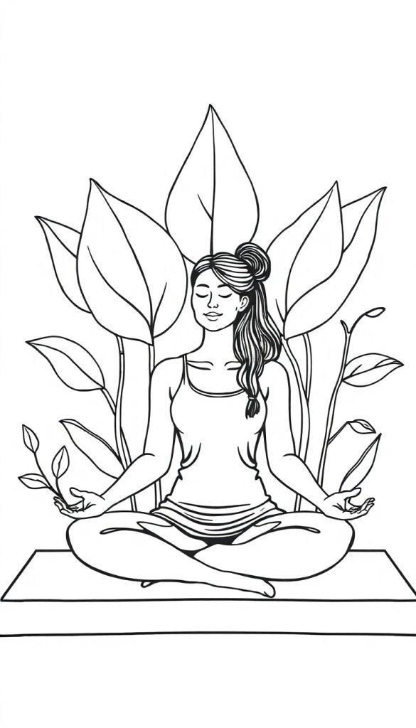 Kleurplaat met een mediterende vrouw in kleermakerszit, omringd door bladeren.