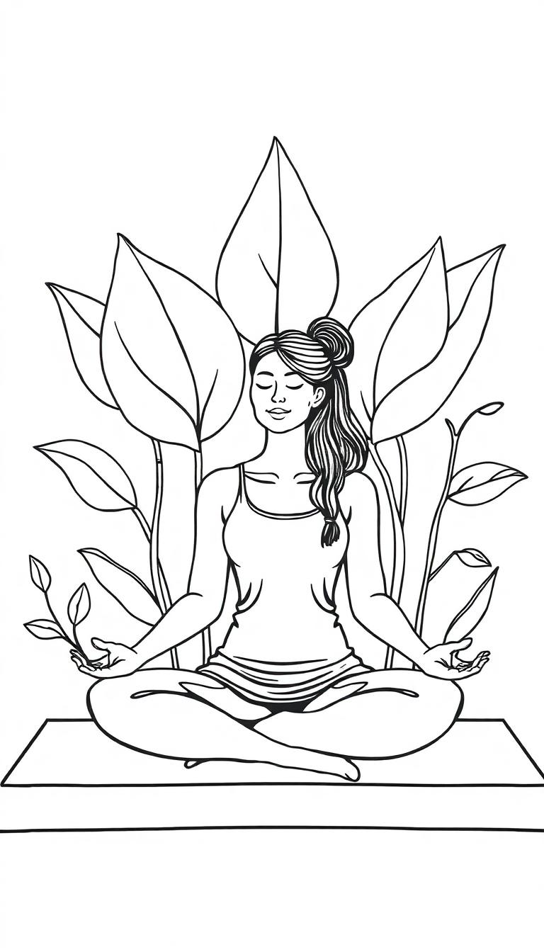 Kleurplaat met een mediterende vrouw in kleermakerszit, omringd door bladeren.