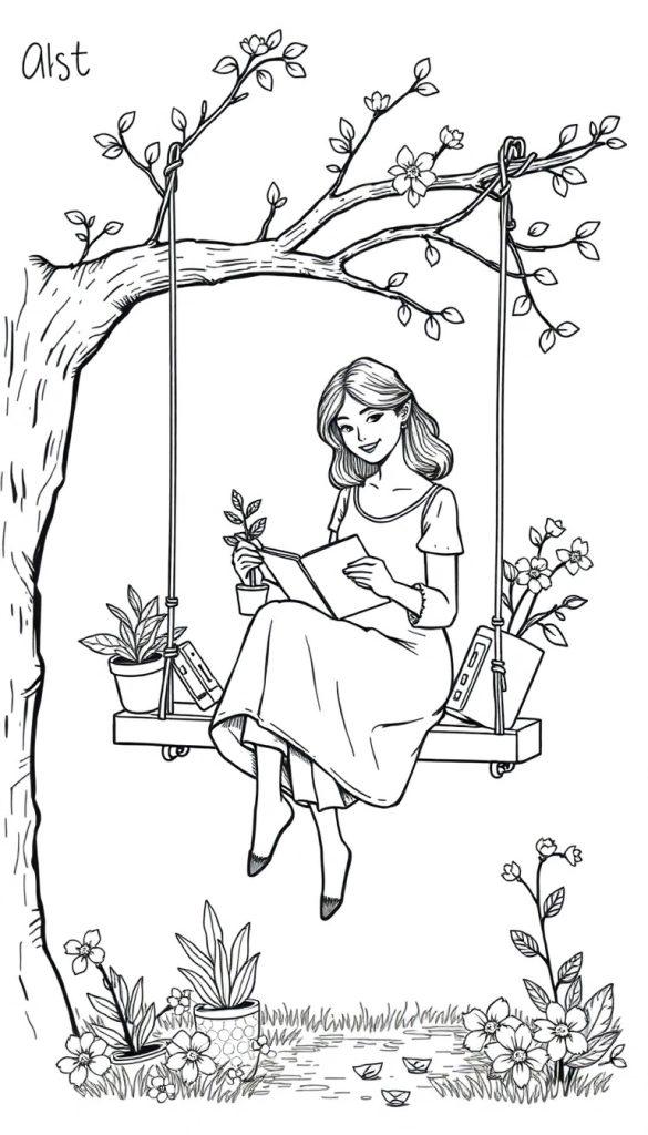 Kleurplaat van een vrouw op een schommel, omringd door planten, bloemen en boeken in een rustige tuin.