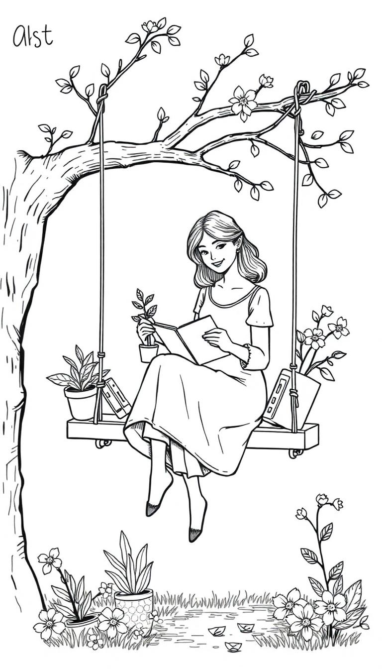 Kleurplaat van een vrouw op een schommel, omringd door planten, bloemen en boeken in een rustige tuin.