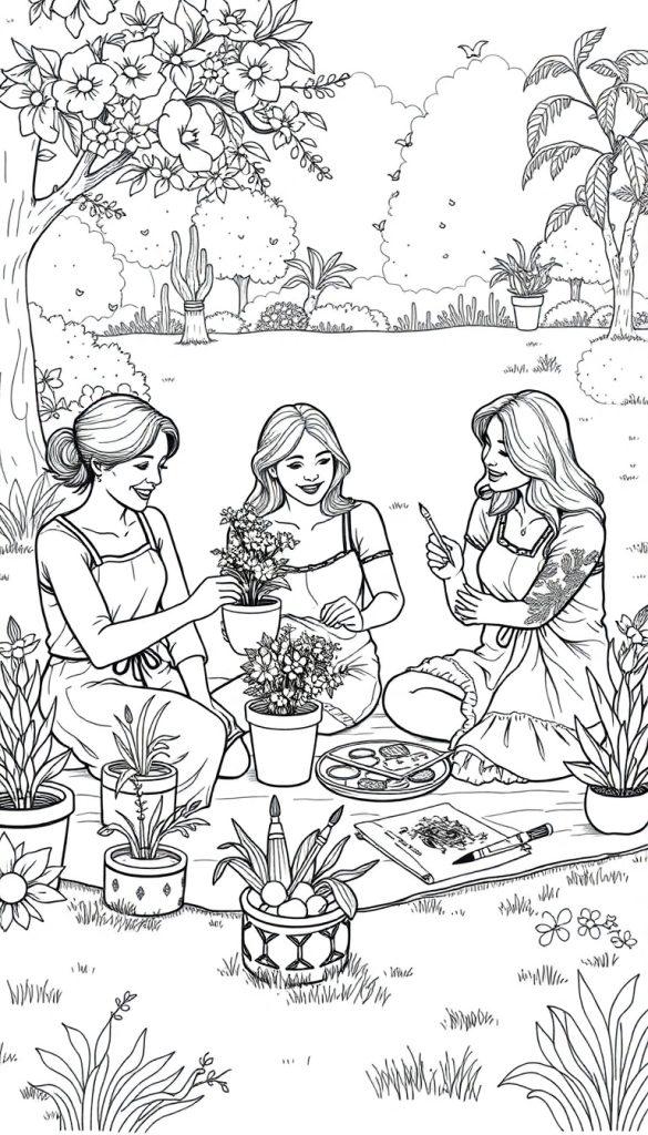 Kleurplaat van drie vrouwen die in een tuin zitten en creatief bezig zijn met schilderen en planten decoreren.