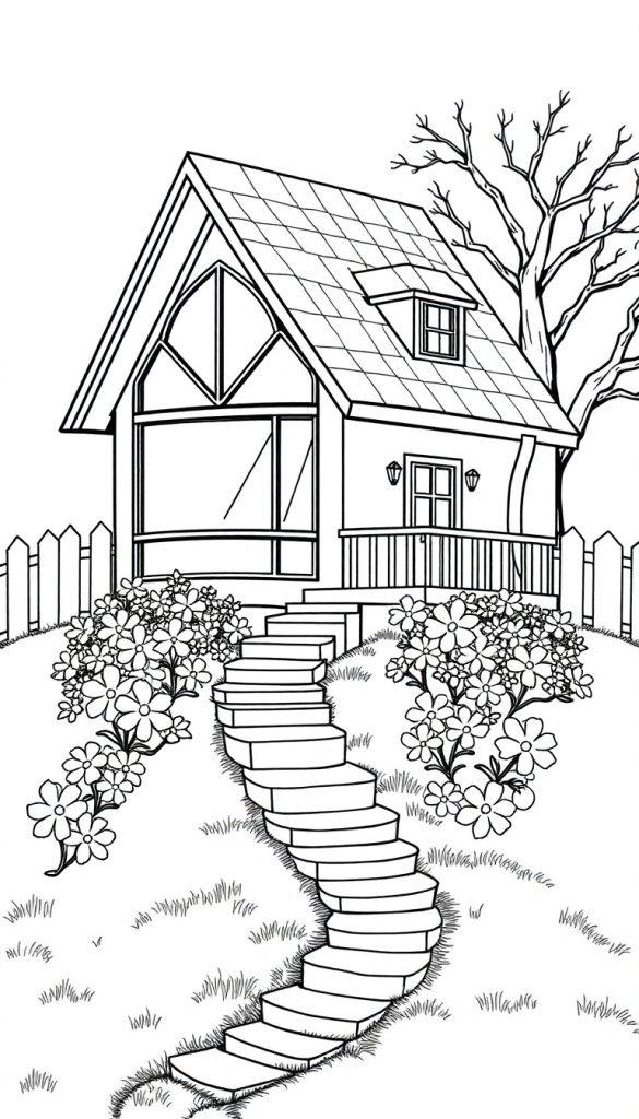 Kleurplaat van een schattig huisje op een heuvel met bloemen, een boom en een kronkelende trap.