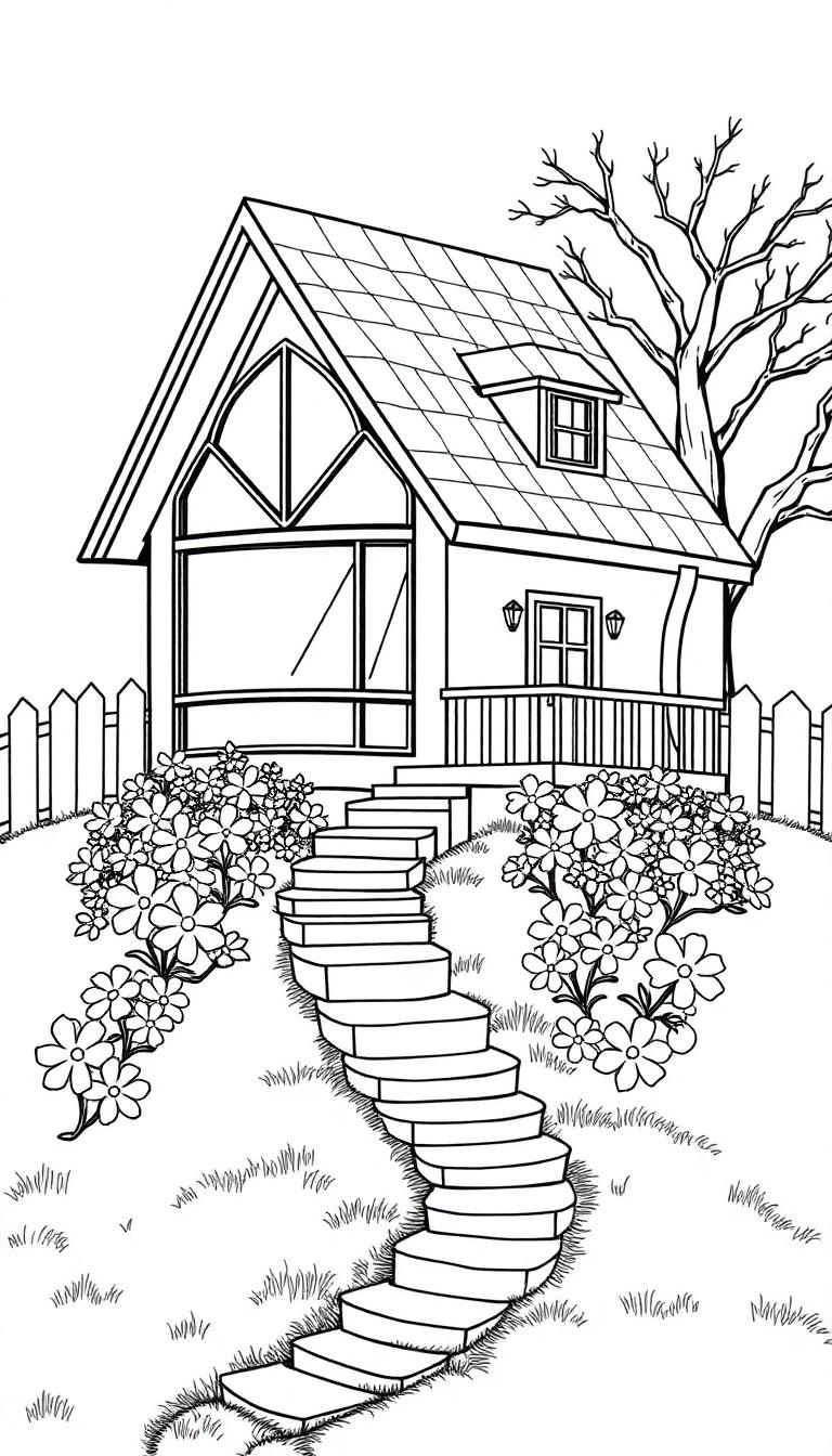 Kleurplaat van een schattig huisje op een heuvel met bloemen, een boom en een kronkelende trap.