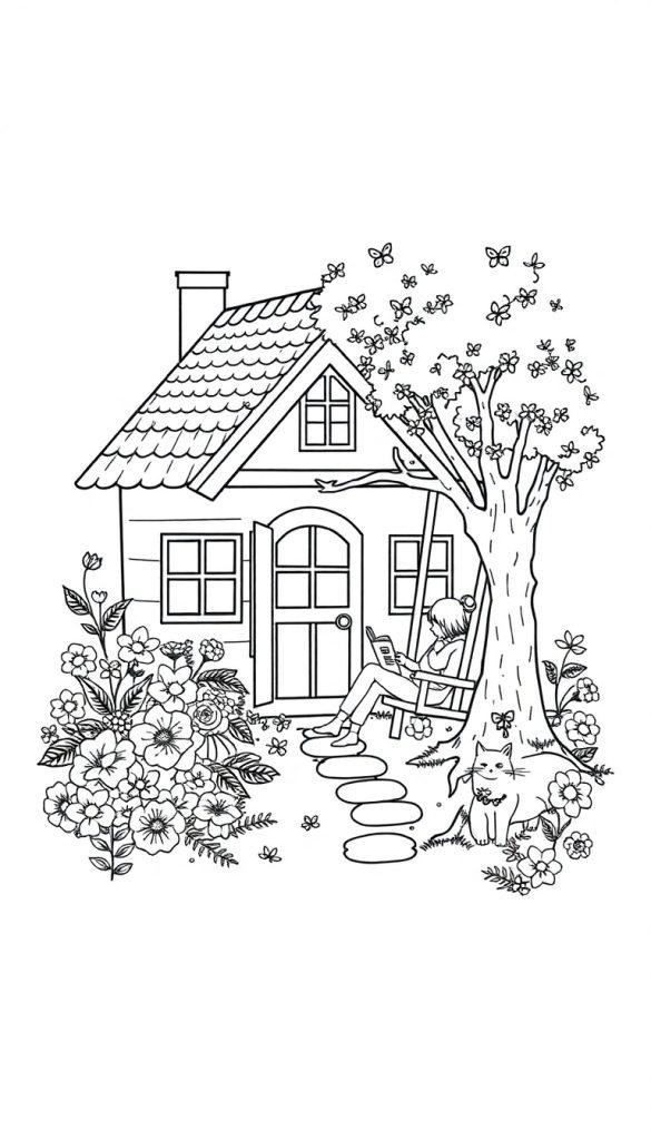 Een kleurplaat van een landelijke scène met een huis, bloemen, een boom met schommel waaraan iemand leest, en een kat die relaxt onder de boom.