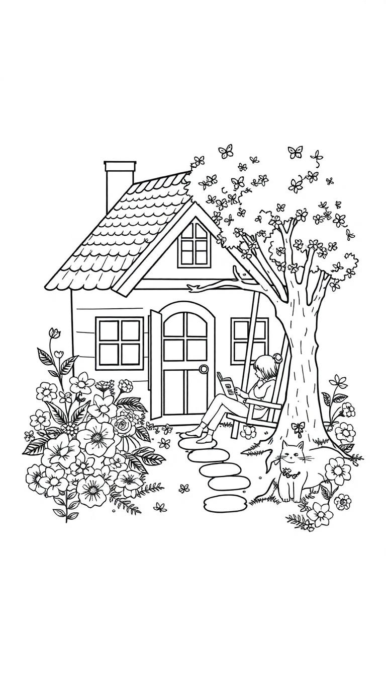 Een kleurplaat van een landelijke scène met een huis, bloemen, een boom met schommel waaraan iemand leest, en een kat die relaxt onder de boom.