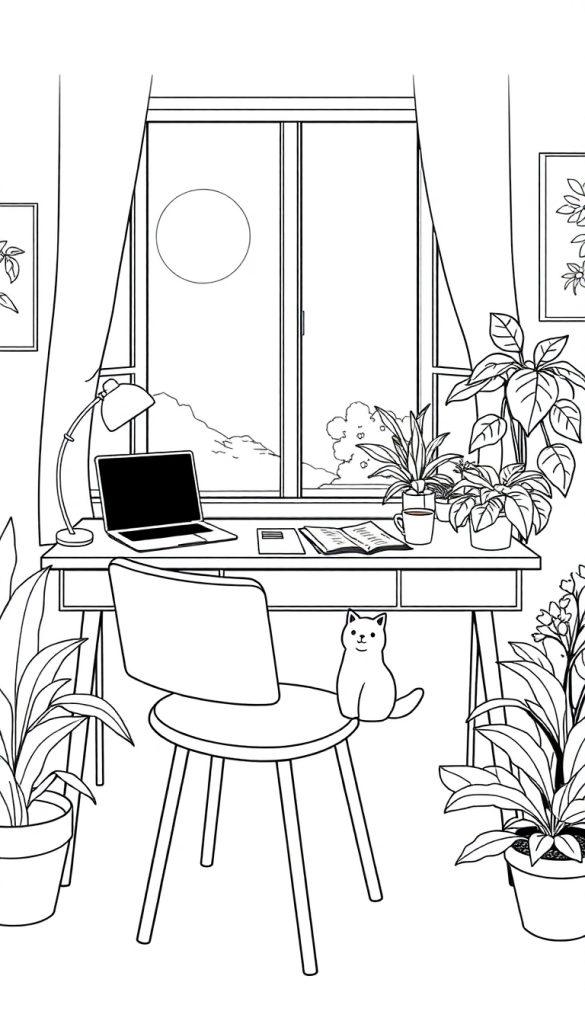 Kleurplaat van een rustige werkplek met een laptop, een kat op de stoel, en veel kamerplanten rondom.