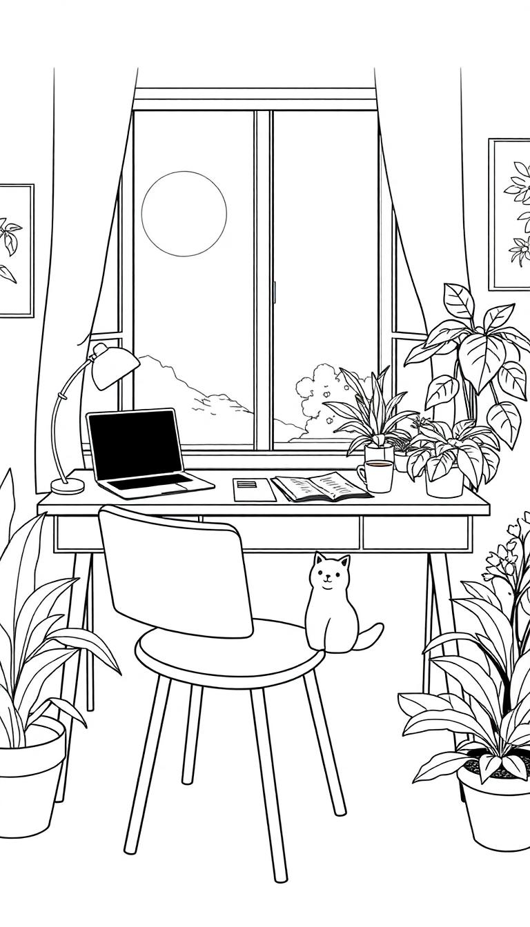 Kleurplaat van een rustige werkplek met een laptop, een kat op de stoel, en veel kamerplanten rondom.