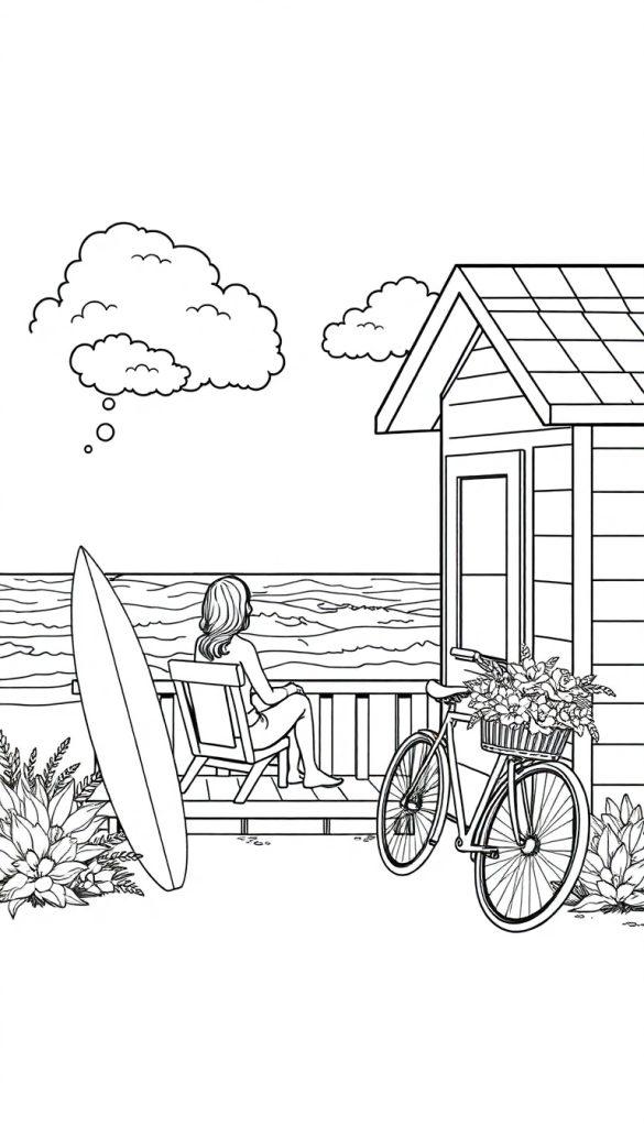 Een kleurplaat van een ontspannen strandtafereel met een veranda, een fiets en een surfplank, omringd door bloemen en een houten huisje.