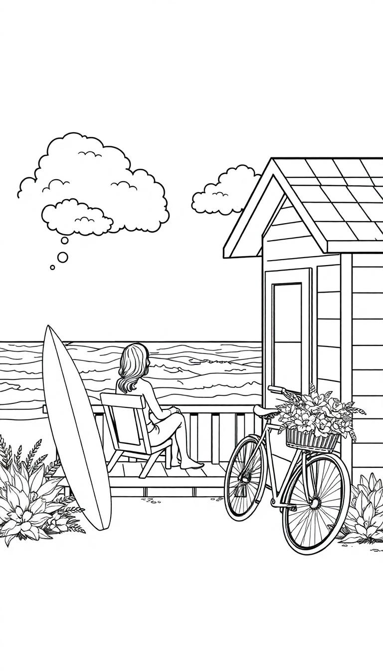 Een kleurplaat van een ontspannen strandtafereel met een veranda, een fiets en een surfplank, omringd door bloemen en een houten huisje.