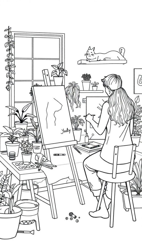 Een kleurplaat van een gezellige creatieve werkruimte met een schilderende persoon, planten en een kat op een plank.