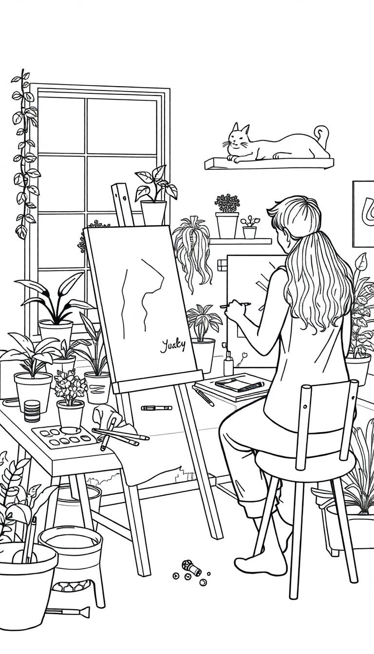Een kleurplaat van een gezellige creatieve werkruimte met een schilderende persoon, planten en een kat op een plank.