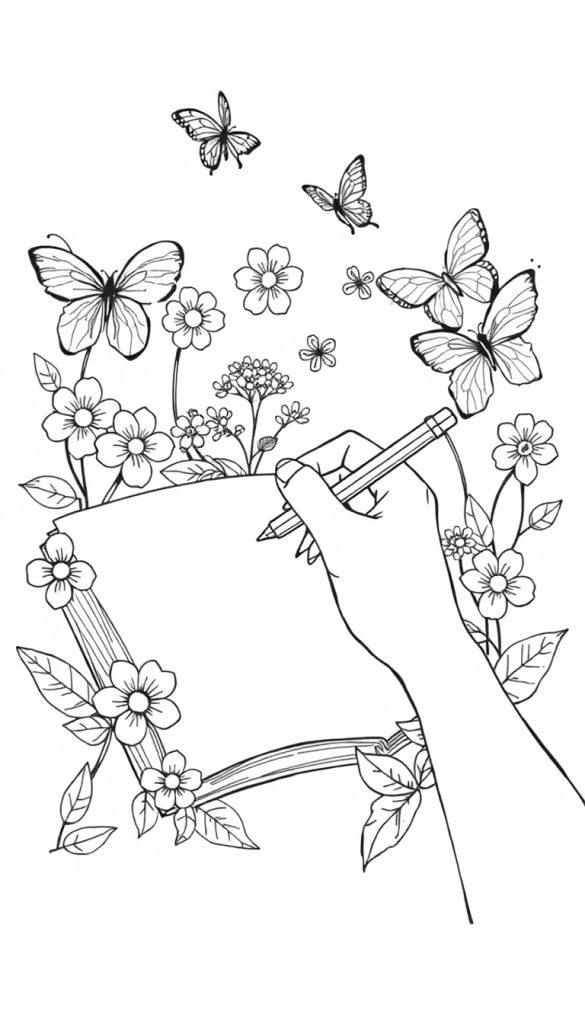 Kleurplaat van een hand die schrijft op een blanco vel papier, omlijst door bloemen, bladeren en vlinders.
