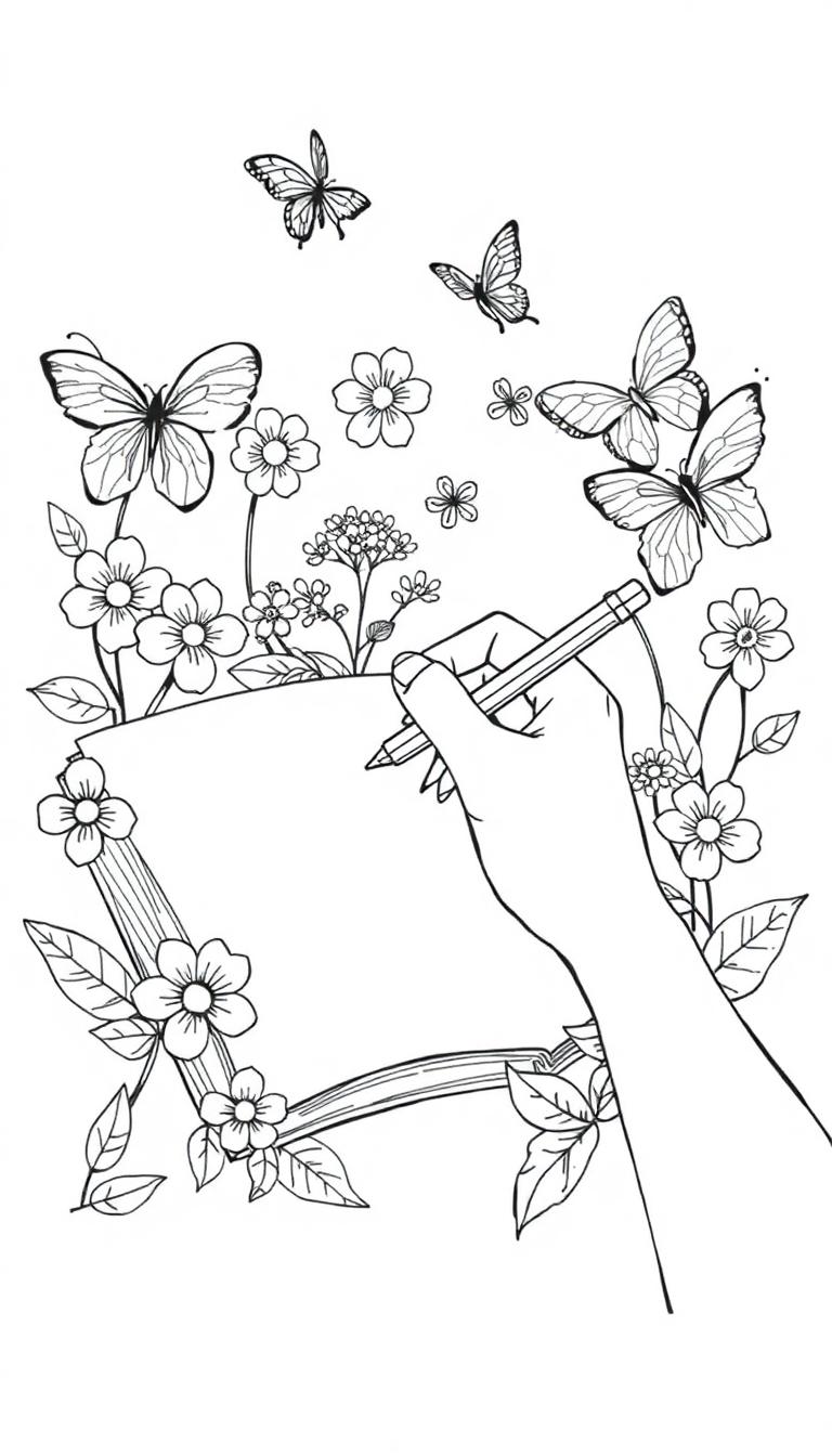 Kleurplaat van een hand die schrijft op een blanco vel papier, omlijst door bloemen, bladeren en vlinders.