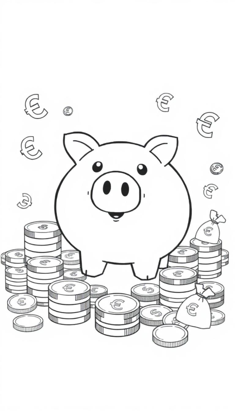 Kleurplaat met een spaarvarkentje, eurotekens, munten en een zakje met geld.