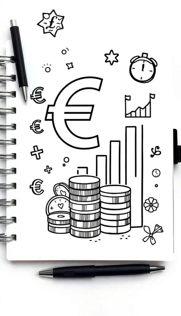 Kleurplaat met financiële symbolen zoals een groot euroteken, munten, een spaarpot en een klok, afgebeeld op een pagina met een pen erbij.