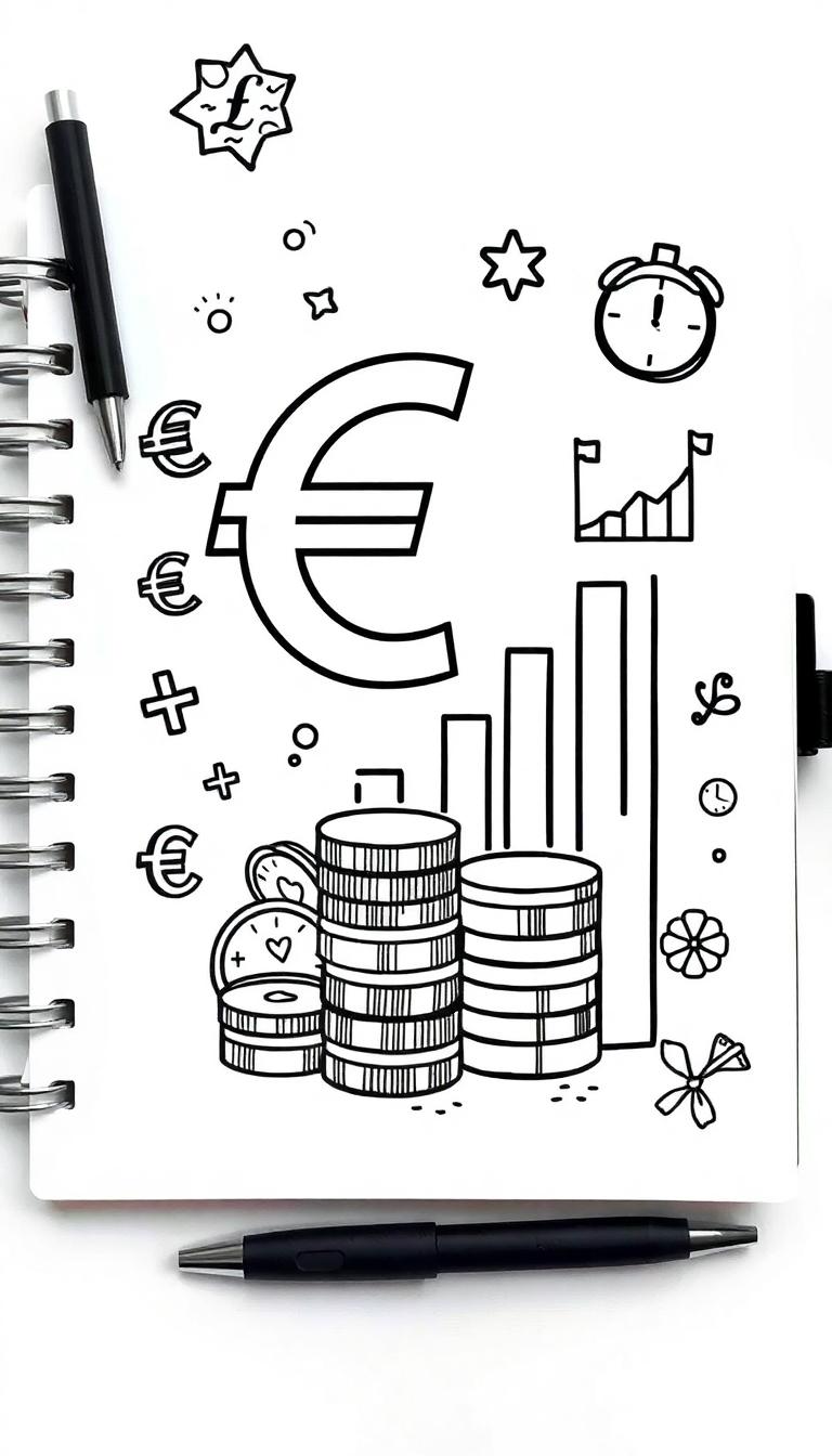 Kleurplaat met financiële symbolen zoals een groot euroteken, munten, een spaarpot en een klok, afgebeeld op een pagina met een pen erbij.