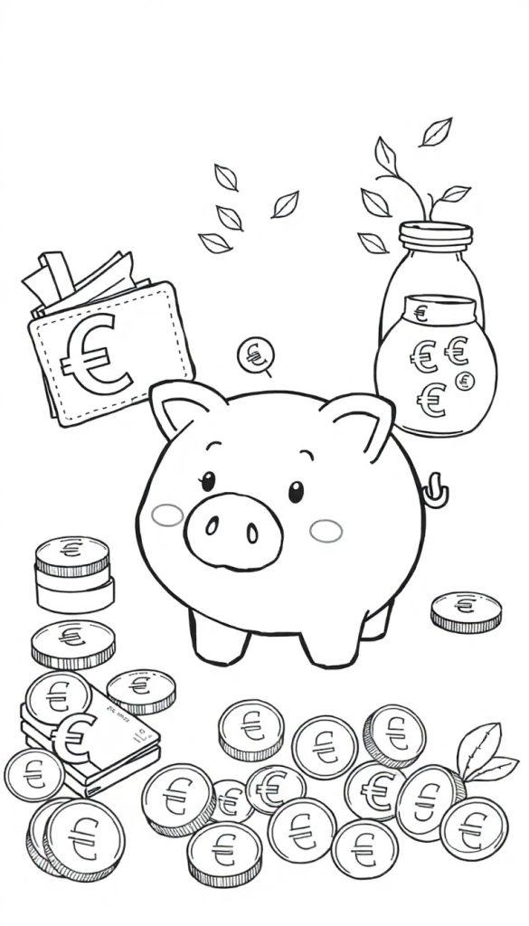 Kleurplaat van een schattig spaarvarken met muntjes, biljetten en een pot vol geld en blaadjes.