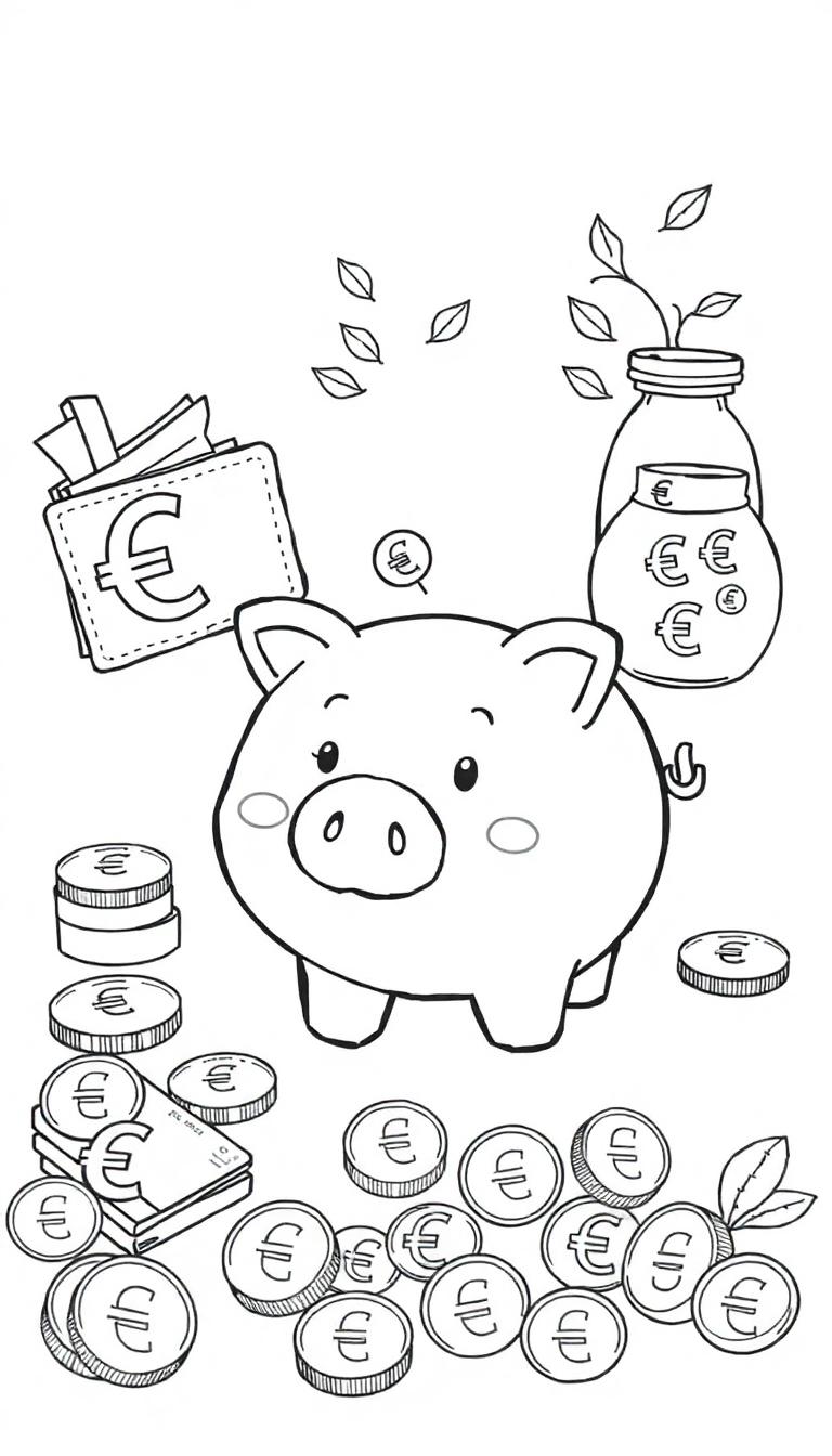 Kleurplaat van een schattig spaarvarken met muntjes, biljetten en een pot vol geld en blaadjes.