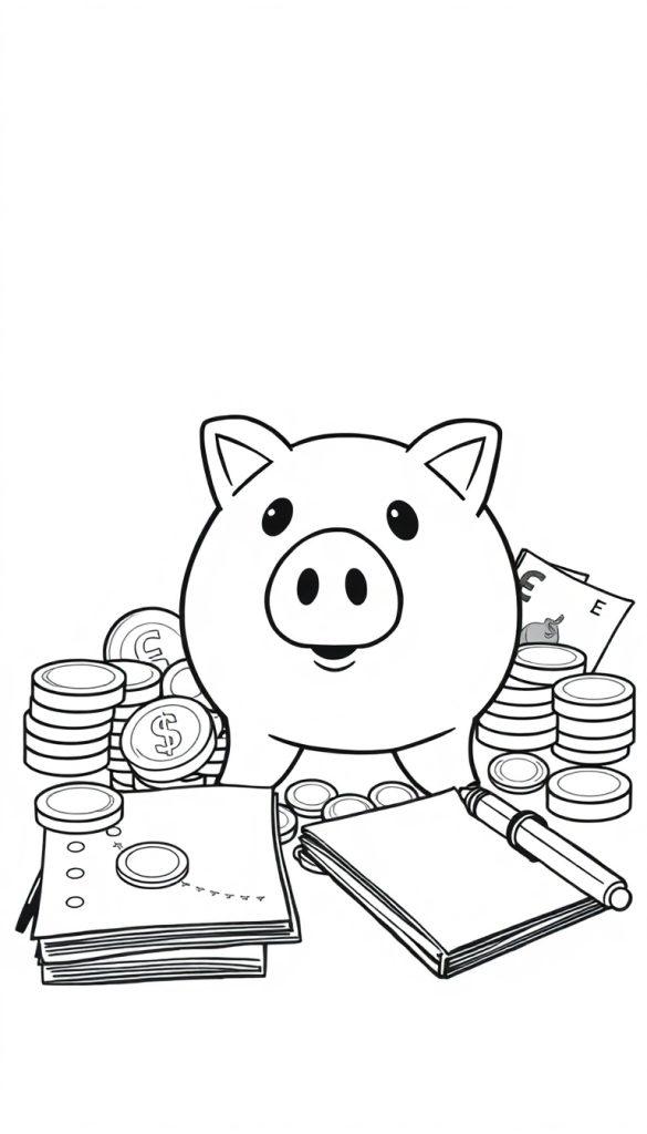 Lijntekening van een spaarvarken omringd door euro muntstukken, papiergeld en een notitieboekje met pen. Geschikt als kleurplaat.