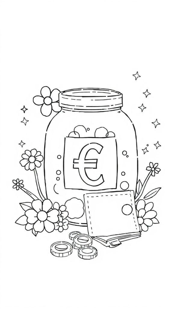 Kleurplaat van een glazen spaarpot gevuld met euro's, omringd door bloemen, met een portemonnee en munten erbij.