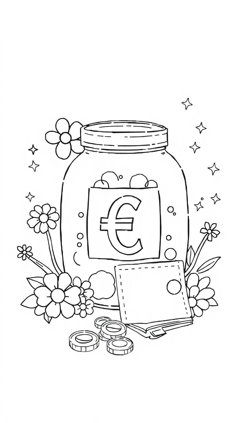 Kleurplaat van een glazen spaarpot gevuld met euro's, omringd door bloemen, met een portemonnee en munten erbij.