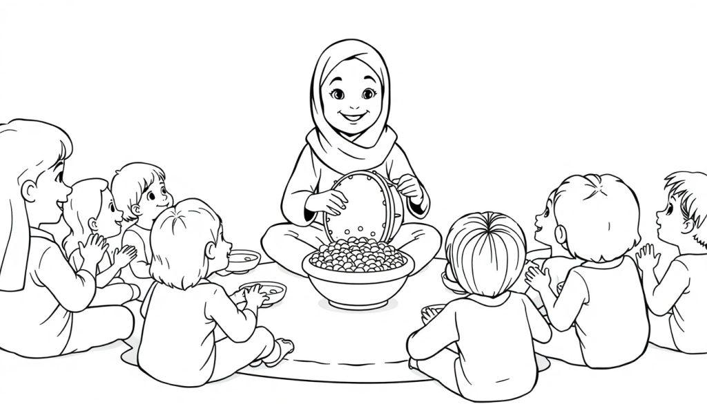 Kleurplaat van een meisje met een hoofddoek die in een klas zit en een schaal met Marokkaans eten deelt terwijl kinderen om haar heen zitten.