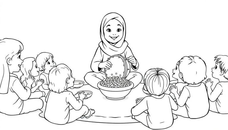 Kleurplaat van een meisje met een hoofddoek die in een klas zit en een schaal met Marokkaans eten deelt terwijl kinderen om haar heen zitten.